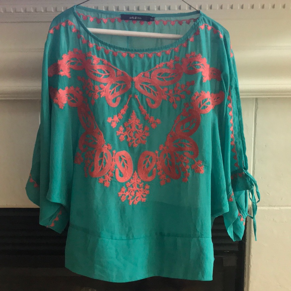 5/$25! teal and coral embroidered boho top